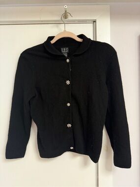 INC International Concepts Black Cardigan w Jeweled Flower Button 100% cashmere